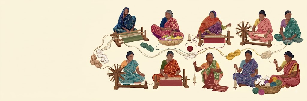 Illustration of women weaving on handlooms and spinning thread
